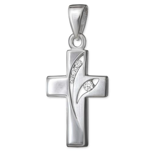 CLEVER SCHMUCK Silberner Anhänger kleines Mädchen Kreuz 15 mm 2 Bögen offen mit 3 + 1 Zirkonias weiss, matt & glänzend 925 Sterling Silber im Schmucketui von CLEVER SCHMUCK