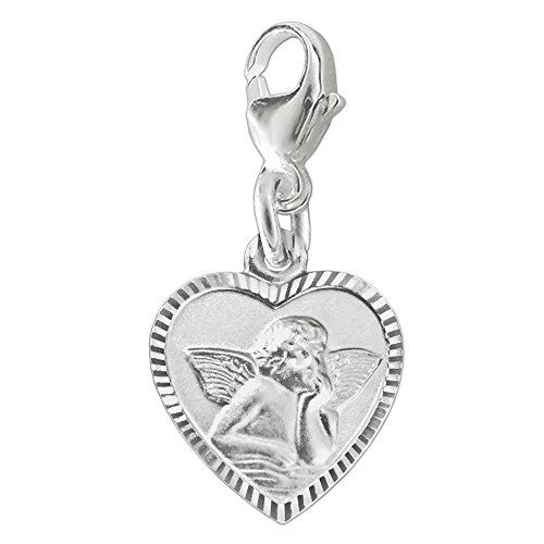 CLEVER SCHMUCK Silberner Charm Damen Kinder Anhänger Herz 11 mm mit Engel matt Rand schmal diamantiert glänzend - Rückseite Gott schütze Dich Sterling Silber 925 von CLEVER SCHMUCK