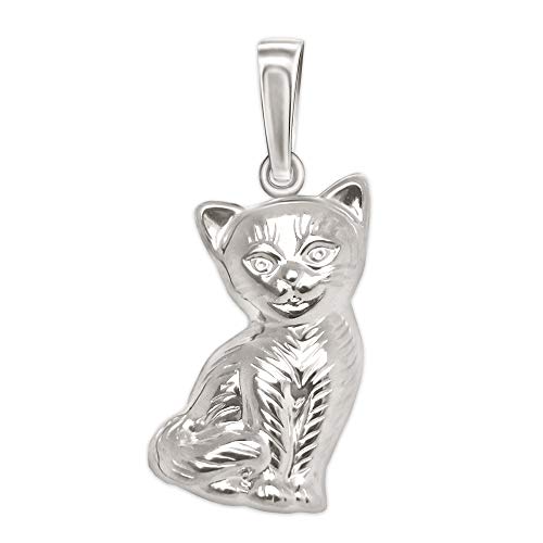 CLEVER SCHMUCK Silberner Damen Katze Anhänger 15 mm sitzend beidseitig figürliche Form mit Fell gestrichelt glänzend 925 Sterling Silber im Schmucketui von CLEVER SCHMUCK