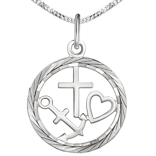 CLEVER SCHMUCK Silberner Damen Anhänger als Medaille Ø 19 mm Glaube Liebe Hoffnung innen offen mit Rand glänzend diamantiert & Kette Panzer 42 cm Sterling Silber 925 im Schmucketui von CLEVER SCHMUCK