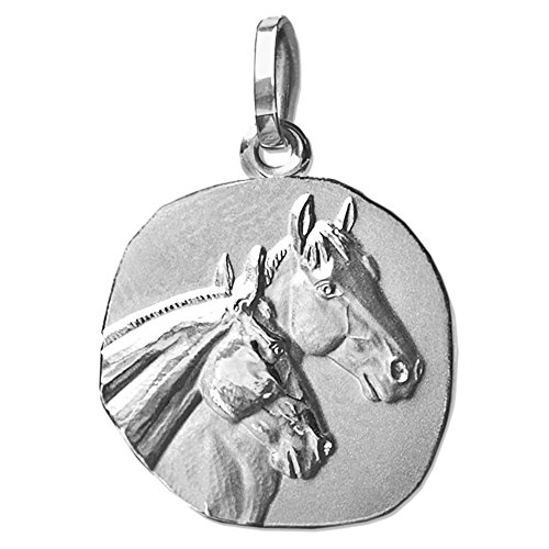 CLEVER SCHMUCK Silberner Damen Pferd Anhänger rund als Medaille Ø18mm 2 Pferdeköpfe teilmatt 925 Sterling Silber in Schmuckverpackung von CLEVER SCHMUCK