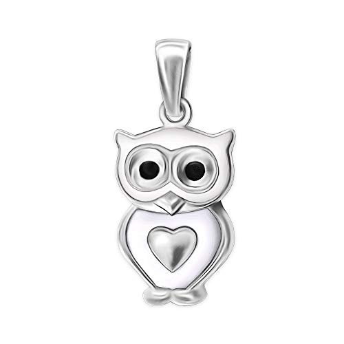 CLEVER SCHMUCK Silberner Kleiner Kinder Anhänger 12 mm Mini Eule weiß Augen schwarz lackiert mit Mini Herz glänzend 925 Sterling Silber im Schmucketui von CLEVER SCHMUCK