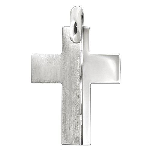 CLEVER SCHMUCK Silberner Männer Kreuz Anhänger breit 34 mm matt rechts glänzend mit vertikaler Linie diamantiert verziert STERLING SILBER 925 für Herren im Schmucketui von CLEVER SCHMUCK