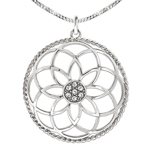 CLEVER SCHMUCK Silberner großer Anhänger Mandala Ø 40 mm Blume des Lebens mit vielen Zirkonia in der Mitte und gedrehtem Rand sowie Kette Panzer 50 cm STERLING SILBER 925 im Etui weiß von CLEVER SCHMUCK