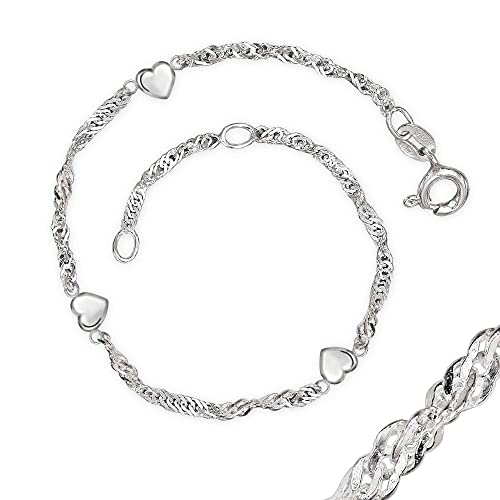 CLEVER SCHMUCK Silbernes Damen Fußkettchen Singapur 23/25 cm mit 3 kleinen beidseitig gewölbten Herzen Sterling Silber 925 im Schmucketui von CLEVER SCHMUCK