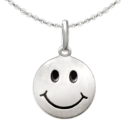 CLEVER SCHMUCK Smiley Halskette Anhänger rund Ø 12 mm Augen Mund schwarz lackiert Kette Anker 42 cm 925 Sterling Silber im Schmucketui !OHNE Ohrhänger von CLEVER SCHMUCK