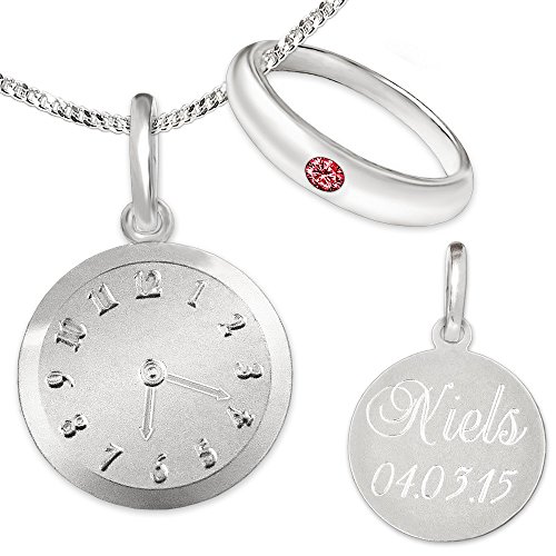CLEVER SCHMUCK Taufkettchen mit gravierter Uhr Taufring schlicht rubinrot & Anhänger-Uhr mit Gravur & Kette Sterling Sterling Silber 925 zur Mädchen Taufe von CLEVER SCHMUCK