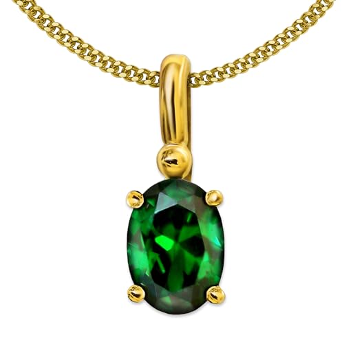 CLEVER SCHMUCK Vergoldeter eleganter Damen Anhänger 13 mm Smaragd mit glänzender Anhängerschlaufe mit vergoldeter Kette Panzer 42 beides STERLING SILBER 925 gold plattiert im Schmucketui von CLEVER SCHMUCK