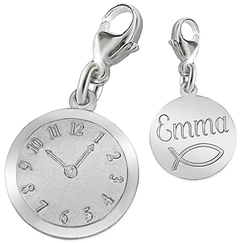 CLEVER SCHMUCK mit Gravur: Silberner Charmanhänger Uhr zur Geburt eines Kindes matt und glänzend STERLING SILBER 925 mit Etui von CLEVER SCHMUCK