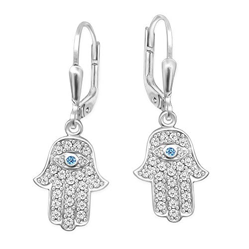 CLEVER SCHMUCK Damen Ohrhänger 31 mm Fatima Hand mit Auge hellblau 14 mm viele Zirkonia weiß glänzend 925 Sterling Silber im Etui Blau von CLEVER SCHMUCK