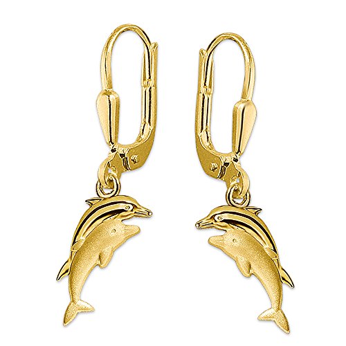 CLEVER SCHMUCK Goldene Damen Ohrhänger 25 mm mit springenden Delfinpaar 11 mm als Pärchen seidenmatt und glänzend 333 Gold 8 Karat im Schmucketui von CLEVER SCHMUCK