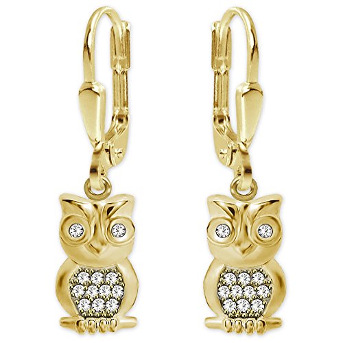 Clever Schmuck Goldene Damen Ohrhänger 27 mm Eule elegant 12 mm plastische Form und viele Zirkonia, Oberfläche seidenmatt und glänzend 333 GOLD 8 KARAT im Etui von CLEVER SCHMUCK