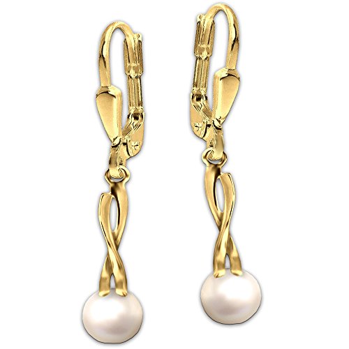 CLEVER SCHMUCK Goldene Damen Ohrhänger als Perlenohrrringe 32 mm lang elegant länglich gefaßt mit Süßwasserzuchtperle Ø 6,5 mm weiß glänzend 333 Gold 8 Karat im Schmucketui von CLEVER SCHMUCK