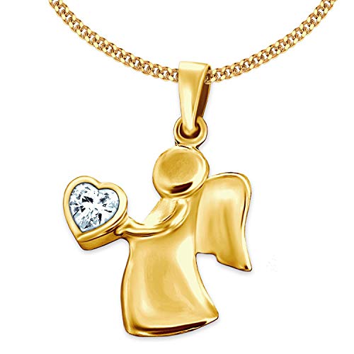 CLVER SCHMUCK Damen Halskette Engel 15 x 20 mm mit Zirkonia Herz in der Hand 925 Sterling Silber gold-plattiert, vergoldete Kette Panzer 42 cm im Schmucketui von CLEVER SCHMUCK