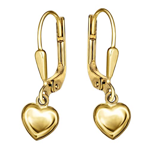 CLEVER SCHMUCK Goldene Kinder Ohrringe als Ohrhänger 19 mm mit Mini Herz 5 mm schlicht beidseitig gewölbt glänzend 333 GOLD 8 KARAT für Mädchen im Schmucketui von CLEVER SCHMUCK