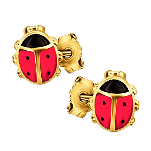 CLEVER SCHMUCK Goldene Kinder Marienkäfer Ohrringe als Ohrstecker kleiner Käfer 8 mm rot schwarz lackiert glänzend 333 GOLD 8 KARAT im Etui sand von CLEVER SCHMUCK