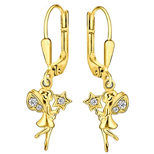 CLEVER SCHMUCK Goldene Ohrringe 25 mm kleine Fee Engel Elfe 10 x 7 mm mit Zauberstab und 3 Zirkonia glänzend 925 Sterling Silber gold-plattiert im Schmucketui von CLEVER SCHMUCK