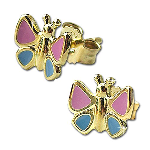 Clever Schmuck Goldene Mädchen Ohrringe als Ohrstecker Schmetterling 7 x 6 mm rosa blau lackiert glänzend 333 GOLD 8 KARAT im Etui sand von CLEVER SCHMUCK