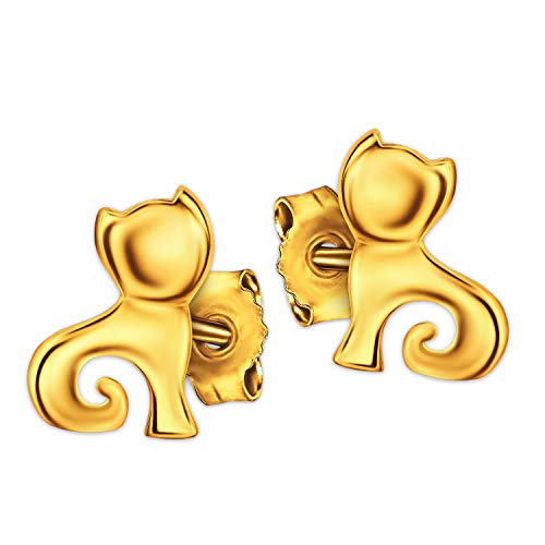 Clever Schmuck Goldene kleine Damen Ohrringe als Ohrstecker Mini Katze 6 x 5 schlicht stilisiert mit Kringel hochglänzend poliert 333 GOLD 8 KARAT für Katzenliebhaber von CLEVER SCHMUCK