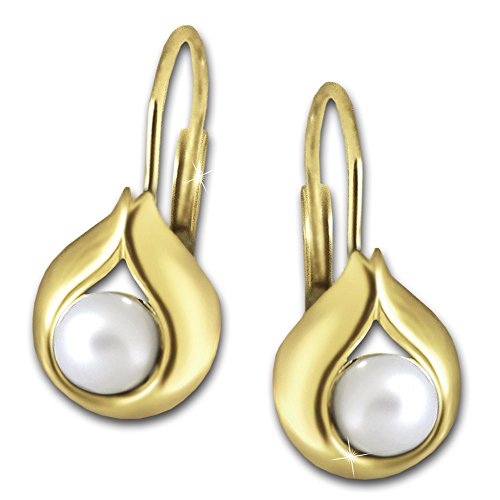 CLEVER SCHMUCK Goldene kleine Damen Perlen Ohrringe 16 mm lang mit Süßwasserzuchtperle weiß Ø 4 mm elegant tropfenförmig umrandet glänzend 333 Gold 8 Karat im Schmucketui von CLEVER SCHMUCK