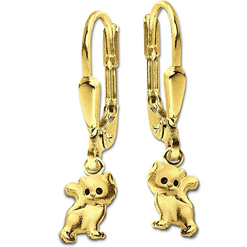 Clever Schmuck Goldene kleine Kinder Ohrhänger 21 mm mit Mini Katze 8 mm Augen schwarz seidenmatt und glänzend 333 GOLD 8 KARAT von CLEVER SCHMUCK