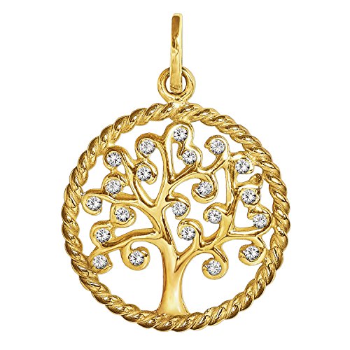 CLEVER SCHMUCK Goldener Damen Anhänger Baum des Lebens Ø 17 mm mit gedrehtem Rand glänzend und vielen Zirkonias in weiß 333 GOLD 8 KARAT von CLEVER SCHMUCK