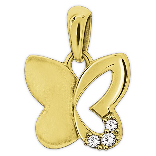 CLEVER SCHMUCK Goldener Damen Anhänger kleiner Schmetterling 9 mm plastische Form teils offen 3 Zirkonia seidenmatt und glänzend 333 GOLD 8 KARAT von CLEVER SCHMUCK