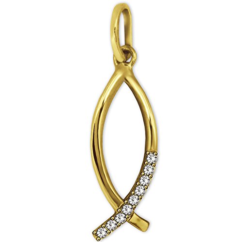 CLEVER SCHMUCK Goldener Damen Ichtys Anhänger Jesus Fisch Symbol 18 mm mit vielen Zirkonias glänzend 333 GOLD 8 KARAT von CLEVER SCHMUCK