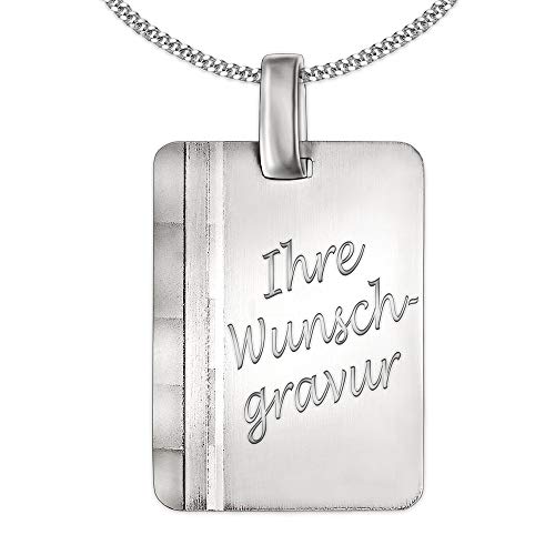 CLEVER SCHMUCK Personalisierte Halskette Gravuranhänger Platte 19 mm rechteckig matt mit 2 länglichen Linien verziert glänzend diamantiert und Kette Auswahl Sterling Silber 925 im Ich liebe Dich Etui von CLEVER SCHMUCK