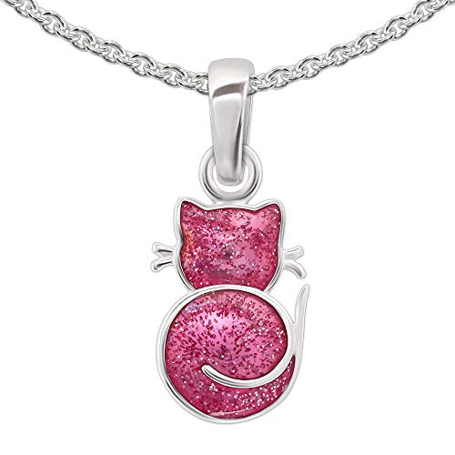 CLEVER SCHMUCK Mädchen Halskette Mini Katze 10 mm runde Form mit pink Glitzer Effekt & Kette Erbs 40cm Sterling Silber für Mädchen im Etui rosa von CLEVER SCHMUCK