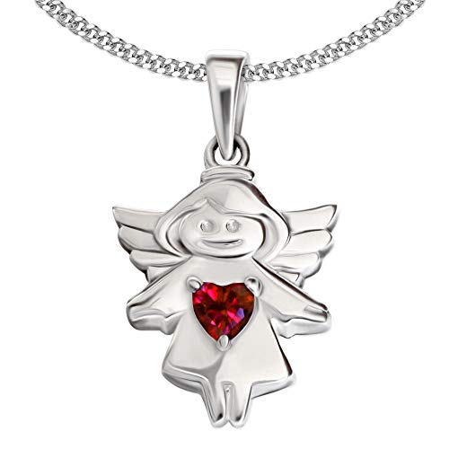 Clever Schmuck Mädchen Halskette Schutzengel 16 mm mit Herz Zirkonia rot auf Kleid und Kette Panzer 40 cm 925 Sterling Silber für Kinder im Etui weiss von CLEVER SCHMUCK