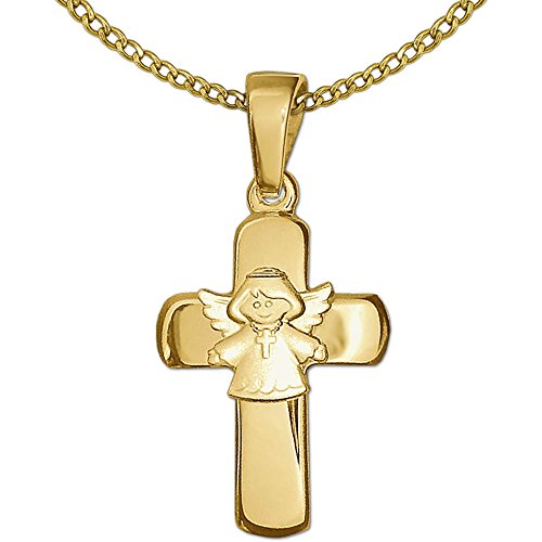 Clever Schmuck SET Goldener Anhänger Kreuz 15 mm glänzend mit aufgesetztem Kinderengel Kreuzkette tragend seidenmatt und Kette Weitpanzer 40 cm glänzend beides 333 GOLD 8 KARAT für Kinder im Etui von CLEVER SCHMUCK