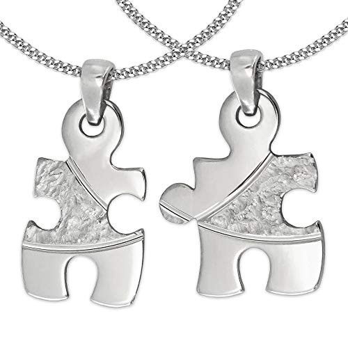 CLEVER SCHMUCK 2 Silberne Freundschaftsketten Puzzle Anhänger 19 mm mit Struktur Bögen Kette Panzer je 45 cm Sterling Silber 925 im Etui Ich liebe Dich von CLEVER SCHMUCK