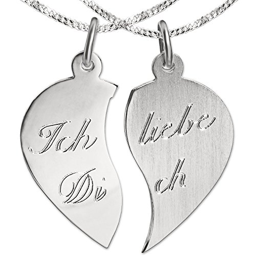 CLEVER SCHMUCK Set 2 Silberne geteilte Mini Damen Herren Partneranhänger kleines Herz geteilt 17 mm Ich liebe Dich & 2 Ketten Panzer 45 cm STERLING SILBER 925 im Etui Ich liebe Dich von CLEVER SCHMUCK