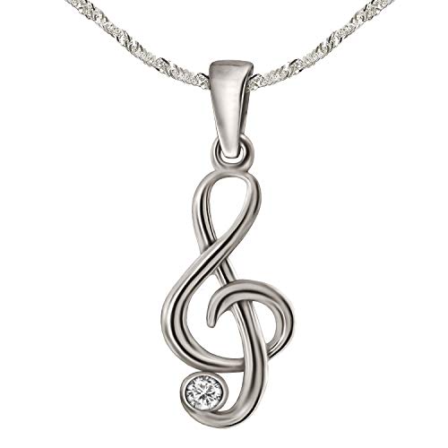 CLEVER SCHMUCK Notenschlüssel Halskette Anhänger kleiner Notenschlüssel Musik 20 mm mit Zirkonia & Kette Singapur 45 cm 925 Sterling Silber 925 für Damen Mädchen in Geschenkfaltbox von CLEVER SCHMUCK