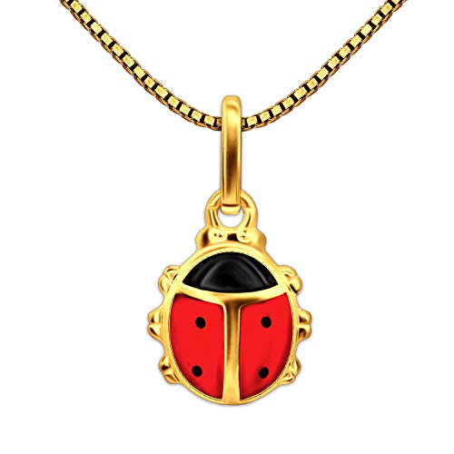 Clever Schmuck Set Goldener Kinder Anhänger Mini Marienkäfer 8 mm rot und schwarz lackiert glänzend 333 GOLD 8 KARAT und Kette Venezia 40 cm vergoldet im Etui von CLEVER SCHMUCK