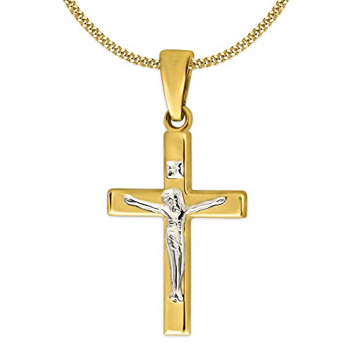Clever Schmuck Set Goldener Kinder Anhänger kleines Jesus Kreuz 17 mm glänzend Bicolor und Kette Panzer 38 cm, beides 333 Gold 8 Karat von CLEVER SCHMUCK