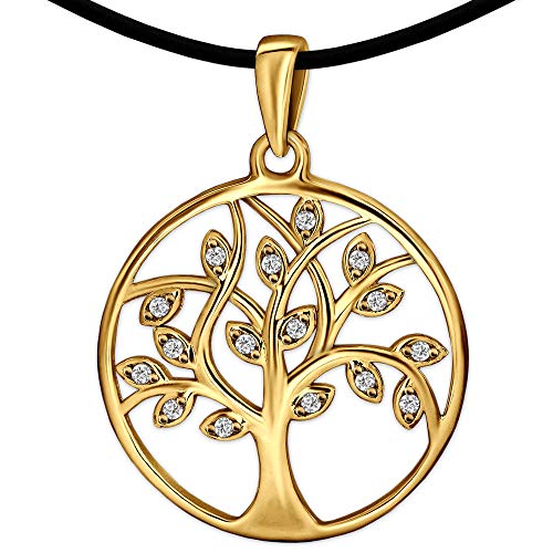 Clever Schmuck Set Goldener Lebensbaum Damen Anhänger Baum des Lebens Ø 20 mm viele Zirkonia als Blätter oval & Kautschukband 45 cm glänzend Silber 925 gold-plattiert von CLEVER SCHMUCK