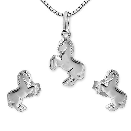 CLEVER SCHMUCK Set Silberne Kinder Ohrstecker 9 mm kleines Pferd springend mit Anhänger 12 mm und Kette Venezia 38 cm STERLING SILBER 925 von CLEVER SCHMUCK