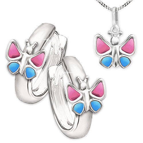 Clever Schmuck Set Silberne Mädchen Creolen Schmetterling pink blau + passender Anhänger + Kette Panzer 38cm STERLING SILBER 925 für Kinder im Etui rosa von CLEVER SCHMUCK