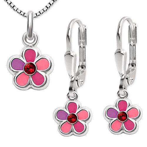 Clever Schmuck Set Silberne Ohrhänger Blume rosa pink lila Zirkonia rot & Anhänger & Kette Venezia 40cm STERLING SILBER 925 für Mädchen m Etui rosa von CLEVER SCHMUCK