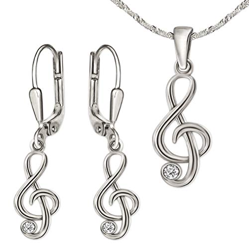 CLEVER SCHMUCK Damen Set mit Ohrhänger Notenschlüssel Zirkoniastein + passender Anhänger + Kette Singapur 45 cm Sterling Silber 925 im Etui weiß von CLEVER SCHMUCK