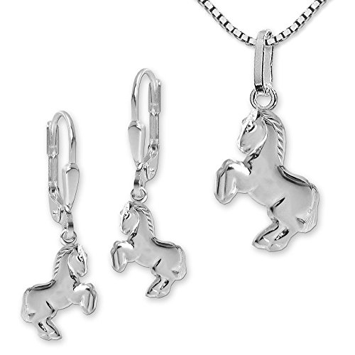Clever Schmuck Set Silberne Ohrhänger Pferd springend 12mm passender Anhänger & Kette Venezia 40 cm STERLING SILBER 925 im Etui rosa von CLEVER SCHMUCK