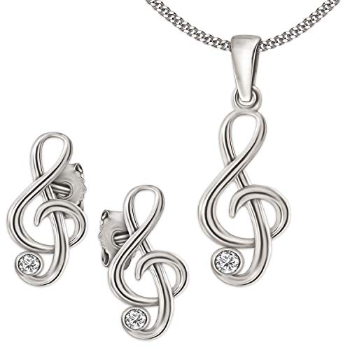 CLEVER SCHMUCK Set Silberne Ohrstecker Mini Notenschlüssel Zirkonia weiß, passender Anhänger & Kette Panzer 40 cm Sterling Silber 925 im Schmucketui von CLEVER SCHMUCK