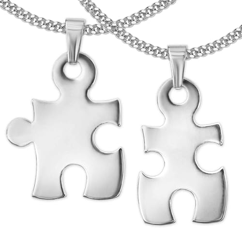 CLEVER SCHMUCK Freundschaftsketten mit Partneranhänger 2 Puzzleteile 19 mm geteilt + 2 Ketten Panzer je 50 cm Sterling Silber 925 im Schmucketui von CLEVER SCHMUCK