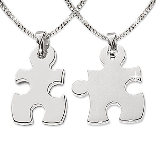 CLEVER SCHMUCK Set Silberne Partneranhänger 2 Puzzleteile geteilt glänzend mit 2 Ketten Panzer 42 und 45 cm STERLING SILBER 925 mit Magnet Etui von CLEVER SCHMUCK