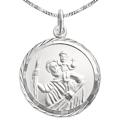CLEVER SCHMUCK Silberner Anhänger Christopherus 16 mm matt Rand diamantiert Rückseite Gott schütze Dich & Kette Panzer 45 cm STERLING SILBER 925 von CLEVER SCHMUCK