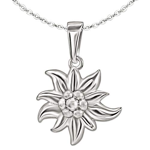 Clever Schmuck Set Silberner Damen Anhänger Edelweiß Blume 14 mm, schöne plastische Form, Blütenblätter glänzend und Kette Anker 45 cm STERLING SILBER 925 von CLEVER SCHMUCK