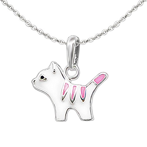 CLEVER SCHMUCK Kinder Halskette Mini Katze Anhänger 10x13 mm weiß rosa lackiert & feiner Kette Anker 40cm Sterling Silber 925 im Etui rosa von CLEVER SCHMUCK