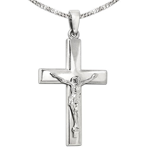 CLEVER SCHMUCK Herren Kreuzkette Jesus Kreuz 41 x 27 mm breit gerade schlicht + Kette Panzer 60 cm glänzend Sterling Silber 925 im Kreuz-Etui schwarz von CLEVER SCHMUCK